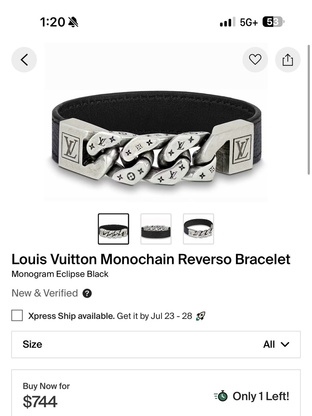 Louis Vuitton Black Leather Bracelet with Silver-Tone Chain and LV Clasp - Picture 9 of 9